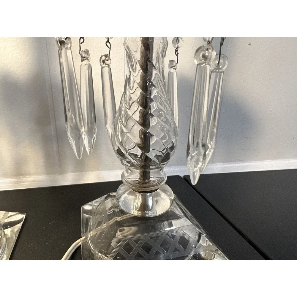 Pair of Large Cut Etched Crystal‎ Hurricane Lustre Mantle Lamps Drop Prisms